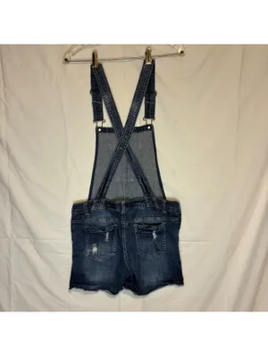 WallFlower Distressed Denim Y2K Overall Shorts Womens M Shortalls Dark Frayed thumbnail 2