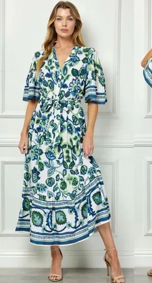 Fig + Flower Blue Green Floral Maxi Dress L thumbnail 1