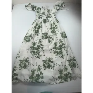 Saints + secrets Midi Dress White Olive Floral Puff Sleeve Scoop Neck‎ XS NWT thumbnail 7