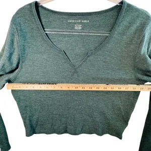 American Eagle Waffle Knit Thermal Top Cropped Notch Neck Teal Green XL Soft Y2K thumbnail 6