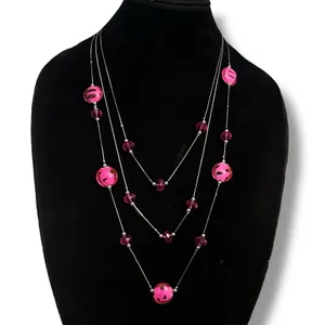 Silver tone layered hot pink station bead necklace thumbnail 1