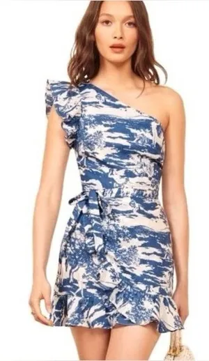 Reformation Toscana One Shoulder Wrap Linen Mini Dress Blue White Size 4 thumbnail 1