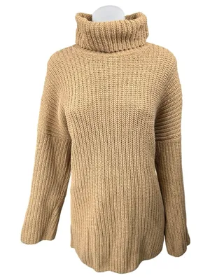 Abercrombie & Fitch Tan Chunky Knit Turtleneck Tunic Mini Sweater Dress Sz L thumbnail 1