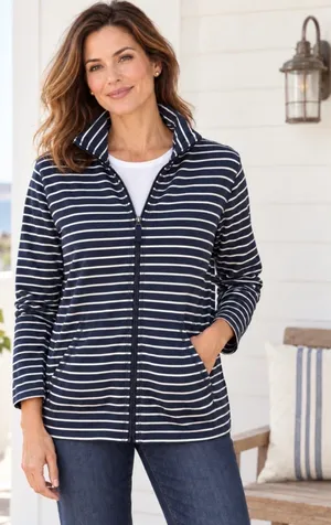 L.L.Bean Ultrasoft Sweats Full Zip Mock Neck Jacket Navy Stripe Women’s L thumbnail 1