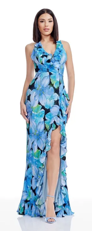 Dress the Population Womens Dress Small Cobalt Multi Kathleen Floral Halter Gown thumbnail 1