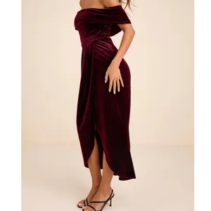 NEW Lulus I'm Enchanted Burgundy Velvet Off-the-Shoulder Tulip Dress Medium thumbnail 2
