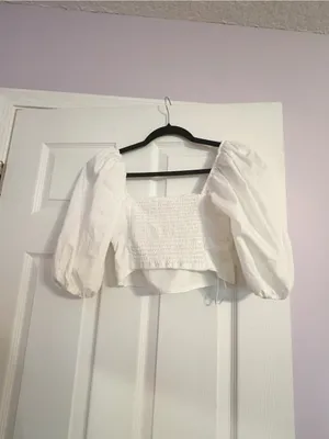 A&F Milkmaid White Puff-Sleeve Smocked Crop Top thumbnail 3