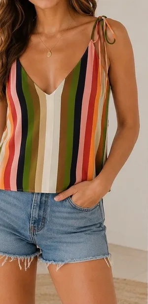 Reformation Multicolor Stripe Tie-Shoulder Cami in Olive, Pink & Cream thumbnail 1