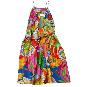 Farm Rio Summer Picnic Midi Dress Small Belted Cotton Sleeveless Tropical thumbnail 7