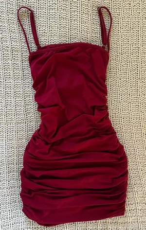 Elegant Burgundy Bodycon Spaghetti Ruched Mini Dress Party Sexy Going Out Small thumbnail 1