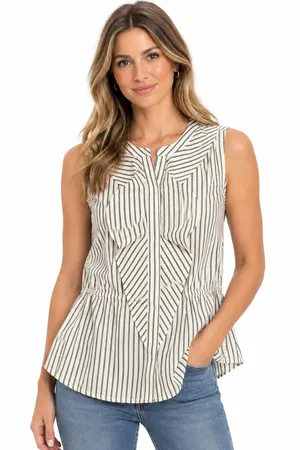 Liz Claiborne Sleeveless Olive and White Striped Peplum Cotton Top Size Small thumbnail 1
