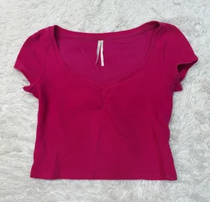 Anthro cinched front Women’s Short Sleeve Scoop Neck Top - Fuchsia Pink thumbnail 1