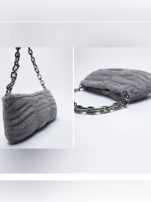 Zara Grey Faux Fur Shoulder Bag with Silver Chain thumbnail 2