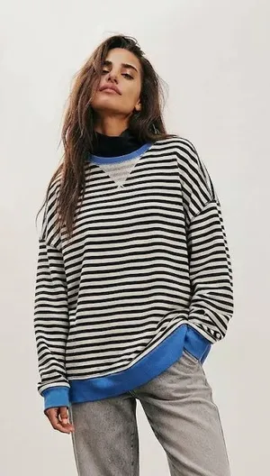 NWOT Free People Classic Striped Oversized Crewneck thumbnail 1