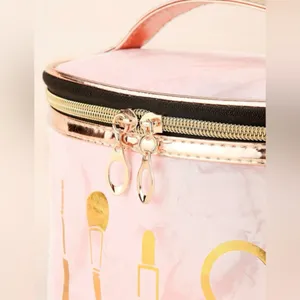 Pastel Pink with Gold Tone Trimmed Portable Travel Makeup Case thumbnail 4