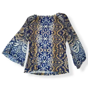 Chicos Women Sheer Blouse Blue Gold Ikat Boho Flowy Top Sz 2 US L Resort Coastal thumbnail 3