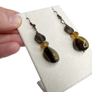 Natural Stone & Antiqued Brass Swirl Amber Faceted Bead Dangle Pierced Earrings thumbnail 2