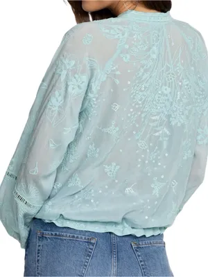 Johnny Was Women’s Size M Light Marine Blue Embroidered Drawstring Bomber Jacket thumbnail 4