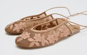 Amazon Lace-Up Mesh Ballet Flats, Floral Embroidered Round Toe Mary Jane Summer Dancer Shoes thumbnail 1
