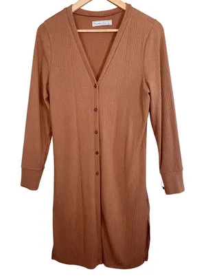 Abercrombie & Fitch Brown Tan Ribbed Knit V-Neck Cardigan Sweater Womens Size L thumbnail 1