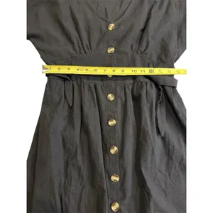 Womens Black Button Front Dress V Neck Tie Waist Short Sleeve Mini Large Classic thumbnail 5