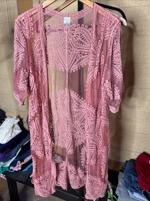 Time and Tru Dusty Rose Lace Kimono Cardigan Cover Up S/M Sheer Boho thumbnail 5