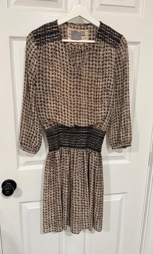 Anthropologie Vanessa Virginia Dress XS Black Tan Smocked Waist Boho thumbnail 1
