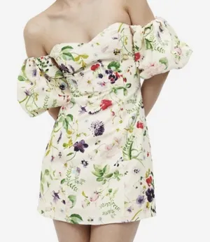 H&M Linen Blend Floral Off Shoulder Puff Sleeve LaceUp Back Dress size M -42 thumbnail 1