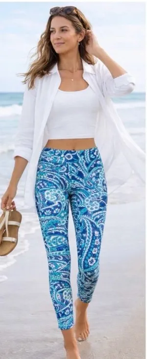 COOLIBAR Monterey Morada Aqua Blue Paisley UPF 50 Leggings Sun Protection~S💛 thumbnail 1