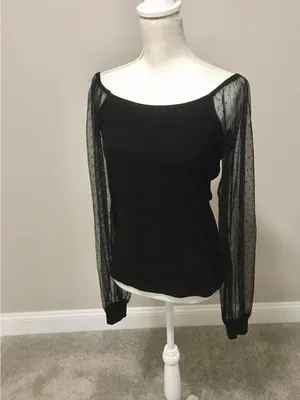 NWT Sheer Dot Mesh Sleeve Black Women's Top thumbnail 3