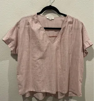 Madewell V-Neck Button-Back in Strip Short Sleeve Red White Blouse thumbnail 3