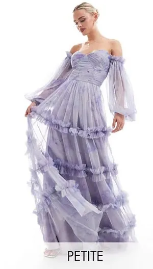 As Seen On Screen Lace & Beads Petite long sleeve ruffle maxi dress in soft lilac floral thumbnail 1