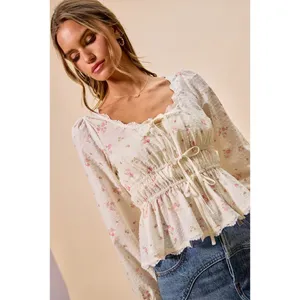 SO ME Floral Clip Dot Lace Trim Ruched Bodice Blouse - White - Medium thumbnail 10