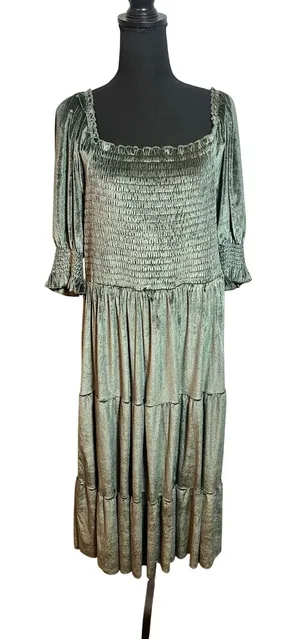 Baltic Born Olive Green Velvet Smocked Tiered Midi Dress 2XL Square Neck Puff thumbnail 1