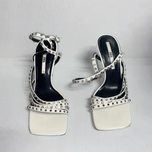 Zara White Leather Studded Embellished Rhinestone Heeled Sandals Women's 41 11 thumbnail 3