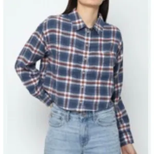 American Eagle cozy cabin cropped blue plaid flannel xsmall thumbnail 1