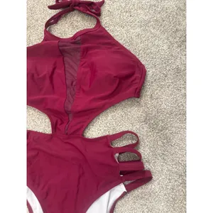 Tempt Me Women's One-Piece Sexy Mesh Neck Halter Monokini Swimsuit in Maroon, M thumbnail 3
