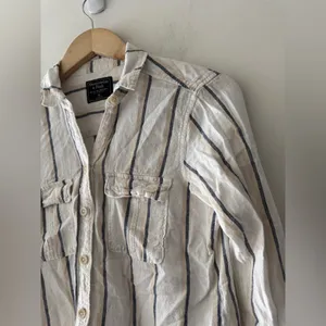 Abercrombie & Fitch Button Up Linen Blend Shirt White Blue Long‎ Sleeve thumbnail 2