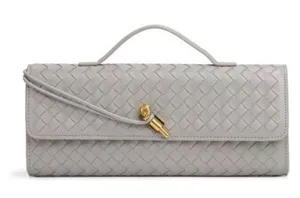 Woven Leather Top-Handle Clutch in Light Gray thumbnail 1