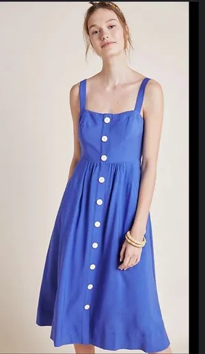 ANTHROPOLOGIE Maeve Seer Sucker Rosemary Midi blue Dress thumbnail 1