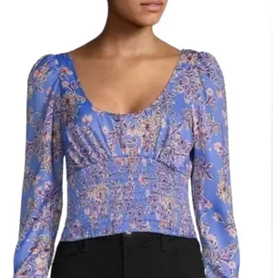 Free People Santiago Top Bluebell Combo Medium Floral Print Smocked Long Sleeve thumbnail 1