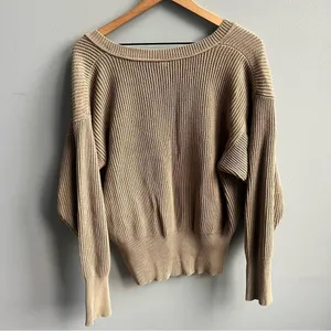 Free People Allure Tan V-Neck Oversized Sweater Ribbed Stretch Pullover Medium thumbnail 9
