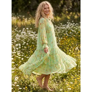 Free People Feeling Groovy Maxi Dress Size Large 70s Chartreuse Floral Bohemian thumbnail 2