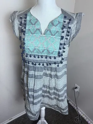 THML Womens Striped Boho Embroidered Pom Pom Trim Shift Dress Grey Blue TM3130 M thumbnail 1