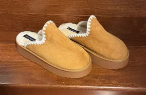 French Connection Womens Chunky Platform Slippers Tan Faux Fur Mules Size M 7-8 thumbnail 1