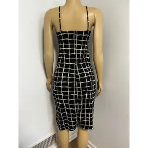 Y2K La Belle Vintage Black White Grid Midi Dress Surplice Spaghetti Strap M thumbnail 3