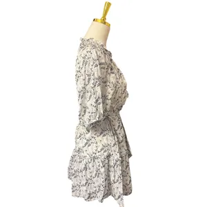 Cleobella Nevah Floral Mini Dress White Blue Puff Sleeve Tie Belt Cotton Size M thumbnail 4