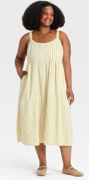 Ava & Viv Yellow Pinstripe Empire Waist Square Neck Dress Size 1X NWT thumbnail 1