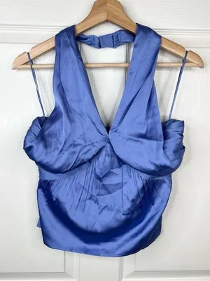 French Connection Blue Satin Halter Top Womens Size XS Smocked back thumbnail 1