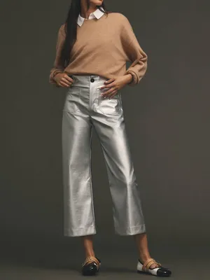 Anthropologie Maeve Women’s The Colette Silver Metallic Wide Leg Pants Size 30 P thumbnail 11